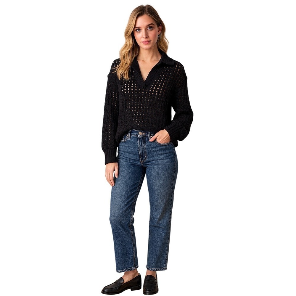 LOFT Mesh Collared V-Neck Sweater Medium Black Cotton Preppy Dark Academia Chic